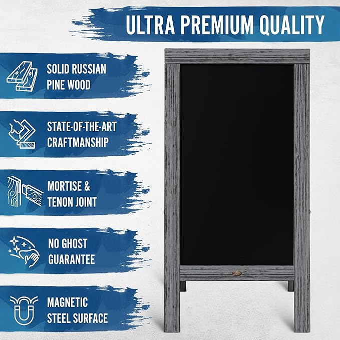 A Frame Chalkboard by HBCY Creations: 40x20 Solid Wood A-Frame Sign Graywash Double-Sided Magnetic Board, Chalkboard Menu Board, for Restaurants, Cafés, Weddings - Heavy Duty Hinges