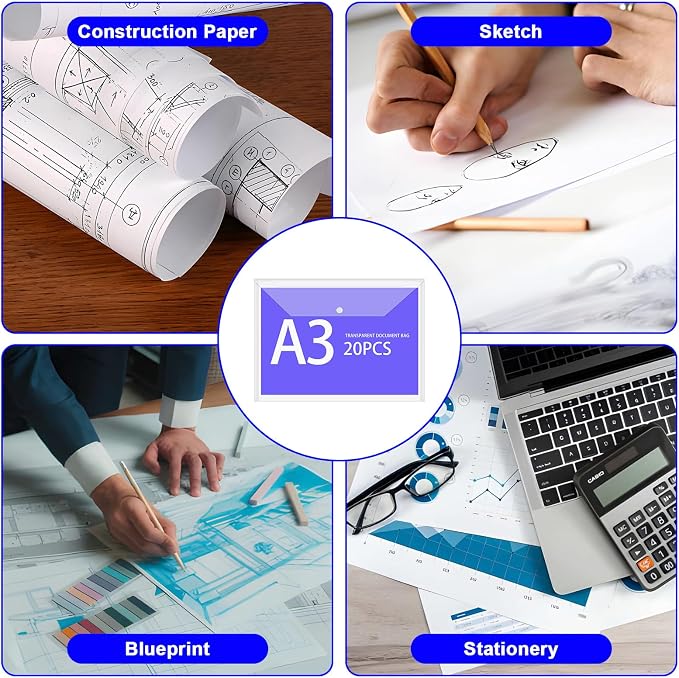 20 Pcs 11 x 17 inch A3 Document Folder Organizers Clear Large Plastic Envelopes Document File Storage Holder with Snap for Office Home