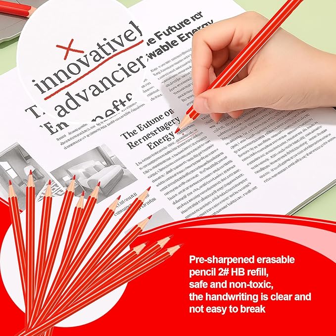 12 Pcs Checking Pencils Erasable Colored Pencils Pre-Sharpened 2 HB with Erasable Tops for Checking(Red)