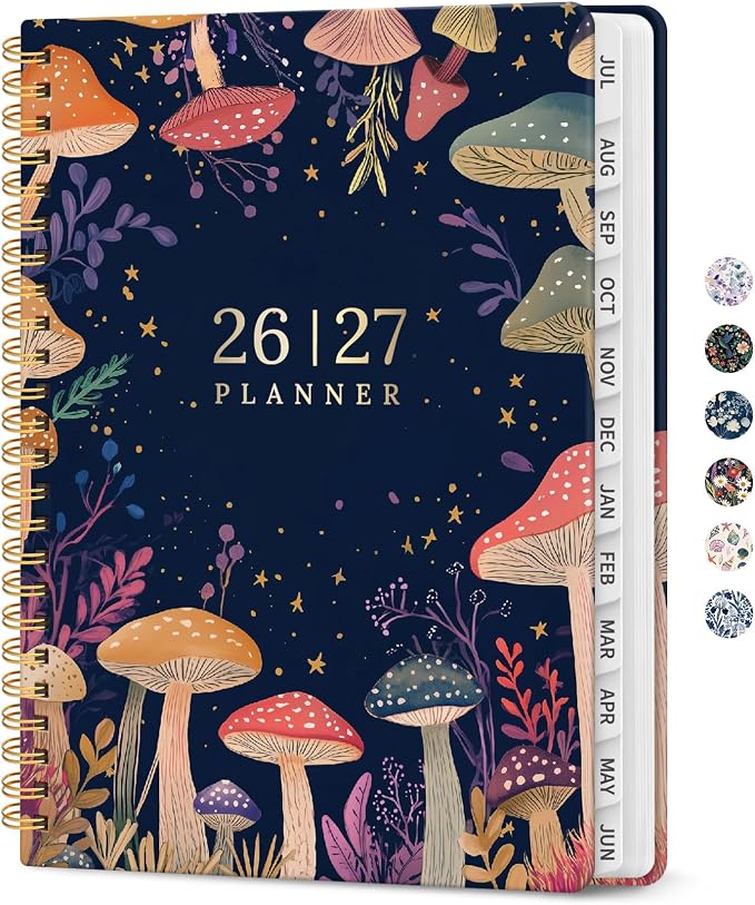 Planner 2026–2027, Academic Year Monthly & Weekly Calendar Book, Jul 2026–Jun 2027, Hardcover Organizer with Tabs, Student & Teacher Planner, 6.3" x 8.5", Mushroom Party