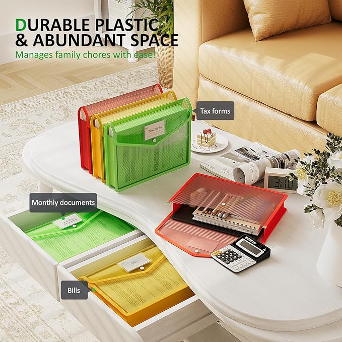 ThinkTex Plastic Expanding File Folders, Transparent Envelopes with Snap Closure, No Dividers, Large Capacity, Document Organizer for Bills & Taxes, Letter/A4 Size for School, Office, Home - 3 Pack