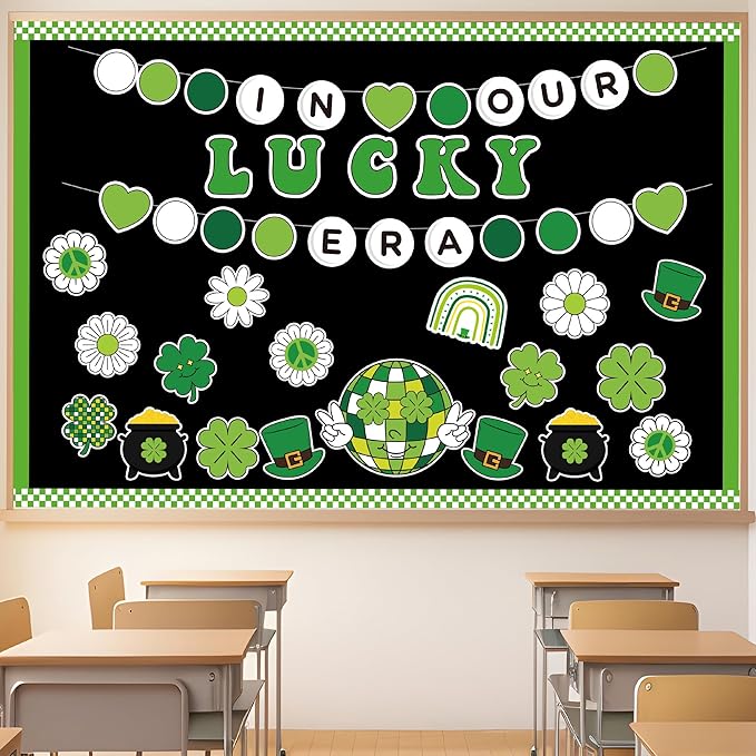 141Pcs St. Patrick’s Day Bulletin Board Classroom Decoration Retro Hippie Rainbow Flower Cutouts Shamrock Clover Name Tags Green Border Trim School Chalkboard Supplies Wall Door Decor