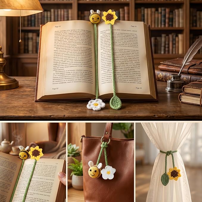 Sereney 2 Pack Bookmarks as Teacher Gifts, Book Lovers Appreciation Gifts Handcrafted Crochet Bee Sunflower Bookmark as Thank You Gift for Women Friend Coworker,Bookish Reader Reading Club Accessories