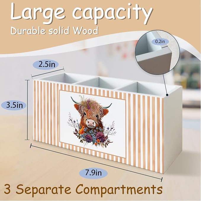 Floral Highland Cow Pen Pencil Holder Organizer for Desk, Highland Cow Lover Gifts, Farmhouse Farm Animal Heifer Wooden Box Block Sign for Home Classroom Dorm Office Tabletop Decor