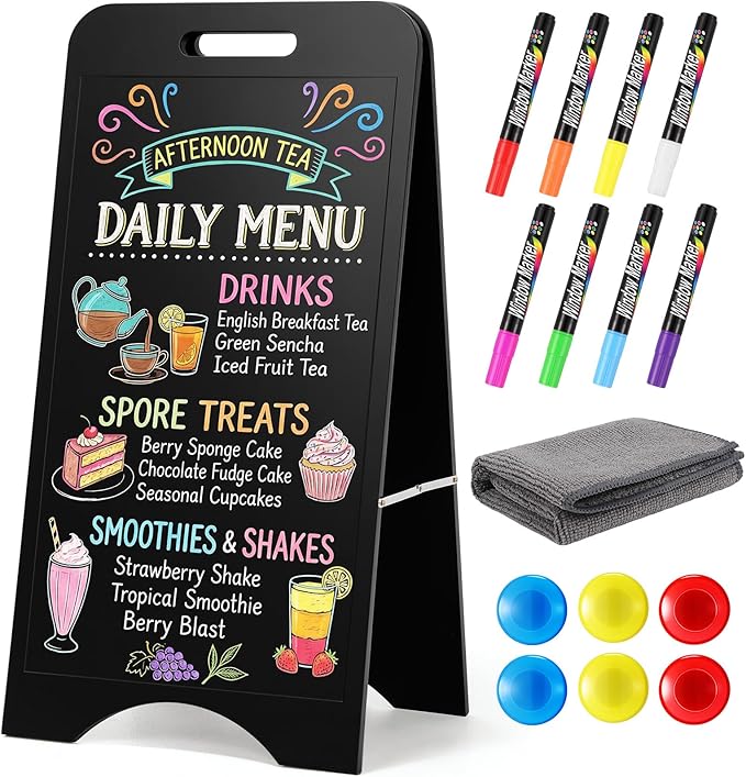 A Frame Chalkboard Sign Sandwich Magnetic Chalkboard Double Sided Sidewalk Signs with Markers Foldable Blackboard Menu Display for Weddings Restaurant Business (Black,15 x 30 Inches)