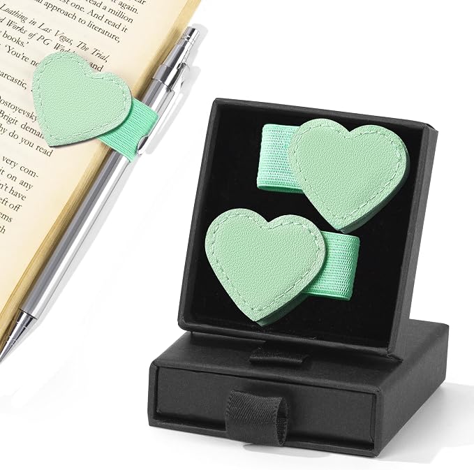 2Pcs Magnetic Leather Heart Bookmarks with Pen Holder, Cute Book Markers Clip with Gift Box, Reading Accessories for Book Lovers Women Teachers Students, Green