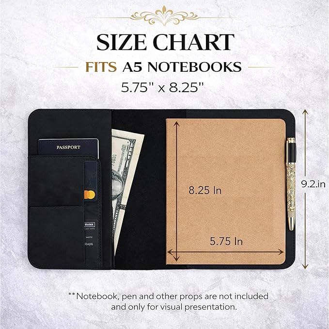 A5 Leather Journal Cover for 5.75" x 8.25" Notebook Refill – Genuine Leather Refillable Notebook Cover with Card Slots & Pen Holder, Personal Organizer for Men & Women, Travel Diary (Black)
