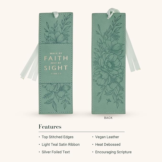 Christian Art Gifts Premium Vegan Leather Encouraging Scripture Bookmark for Women: Walk by Faith Inspirational Bible Verse, Smooth Satin Ribbon, Sturdy Debossed Floral Reading Accessory, Teal & Gold
