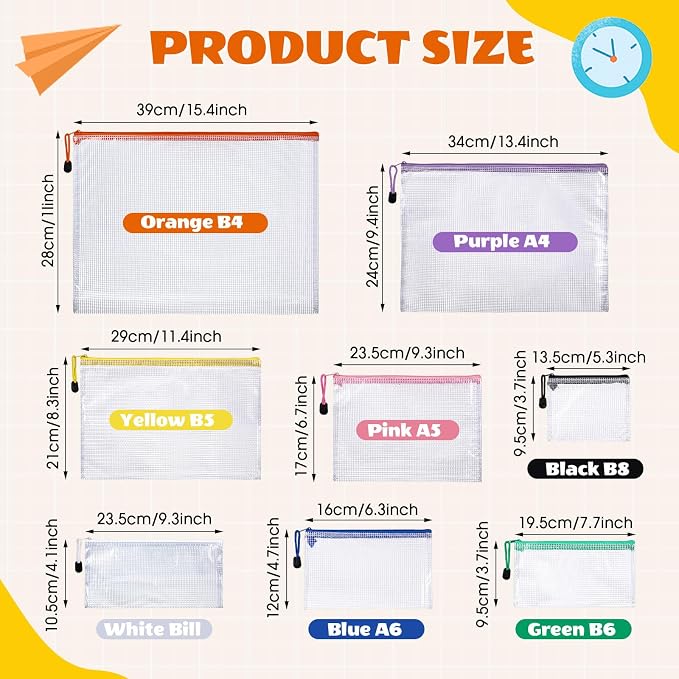Handepo 200 Pcs Multisize Mesh Zipper Pouch Bulk 8 Sizes Plastic Zipper Bags, 8 Color Waterproof Mesh Pouch Multipurpose for Travel School Graduation Supplies Office Appliances Home Organization
