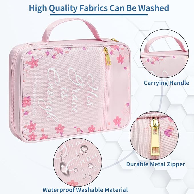 Bible Cover for Women, Bible Holder, Bible Cover Carrier Carrying Organizer Bag, God is Within Her She Will Not Fall, Zipper and Pockets for Standard Size Bible, Gift for Women（Pink Leaves）
