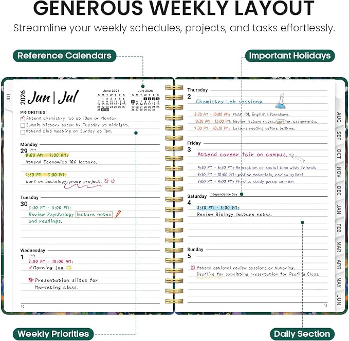 Planner 2026–2027, Academic Year Monthly & Weekly Calendar Book, Jul 2026–Jun 2027, Hardcover Organizer with Tabs, Student & Teacher Planner, 6.3" x 8.5", Forest Pathway