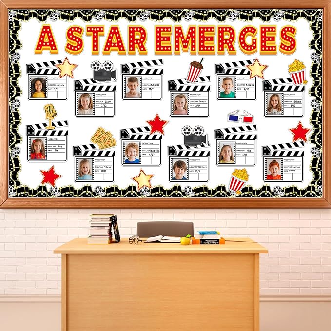 Movie Night Bulletin Board Set Awards Ceremony Classroom Decorations Movie Star DIY Photo Name Crafts Paper Cutouts A Star Emerges Bulletin Board Borders for Back to School Classroom Wall Door Decor