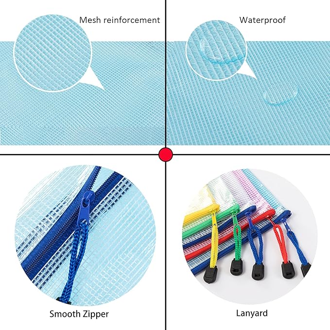 Mesh Document Bag Set of 10, Waterproof Zipper Pouch / A4 Size Zip File, for Household Daily Storage School Office M-D-2B (Green, A4 (13.5×9.5 Inch))
