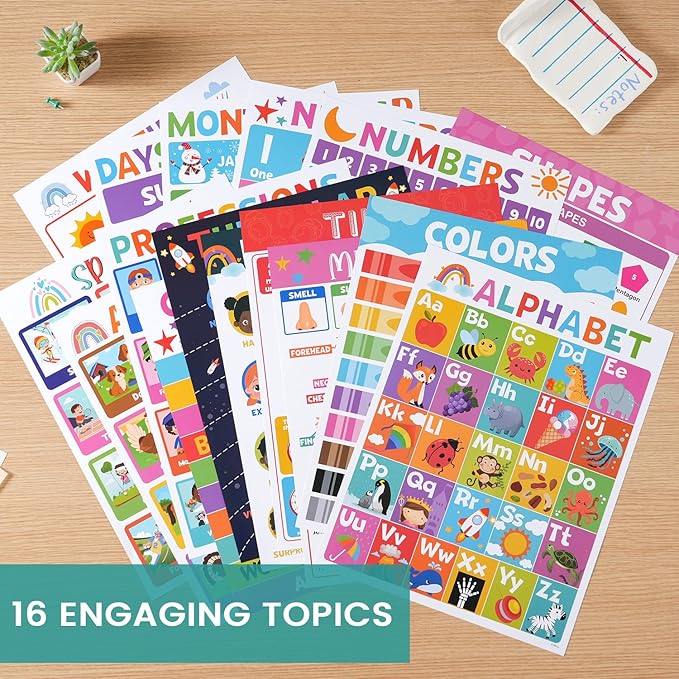 16PCS Classroom Educational Posters - Laminated Educational Posters For Toddlers, 14.7'' x 11.5'' Preschool Learning Posters, Alphabet Number Charts, Kindergarten Classroom Wall Decor, Playroom Homeschool Daycare & Classroom Decor, Kindergarten & Presc...
