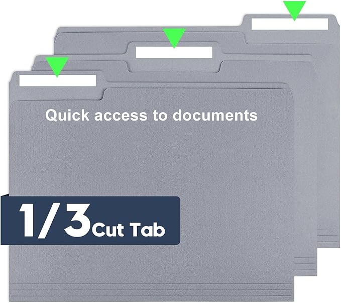 File Folders,150 Pack 1/3 Cut Tab Bulk Colored File Folders,Letter Size 8.5" x 11",Durable Paper Folders with Blank Labels for Office Business School Home Use,Cold Gray