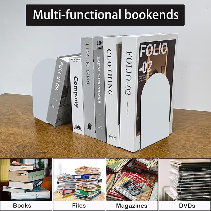MerryNine Metal Book Ends, 2 Pack White Bookends for Shelves, Book Holder for Heavy Books, Book End for Kids Books, Decoration Bookend for Home Office