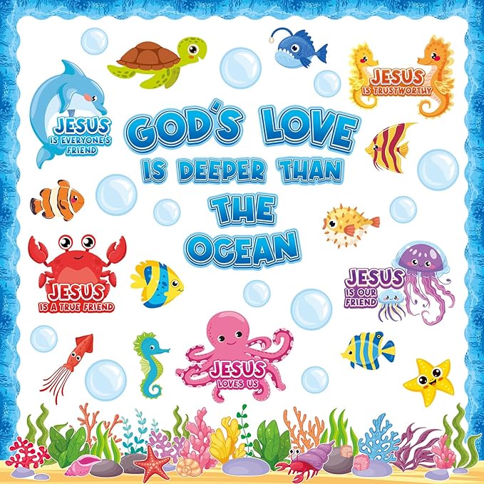 Dispowreath 74 Pcs Under the Sea Bulletin Board Set Jesus Christian Classroom Decoration Ocean Creatures Bulletin Board Cutouts for Religious Sea Animal Classroom Sunday School Decoration