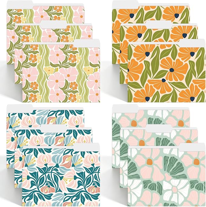 Whaline 24 Pack Boho Floral File Folders Letter Size Abstract Modern Flower File Pockets with 1/3 Cut Tab for Home Office Classroom Supplies, 8.9 x 11.6 Inch