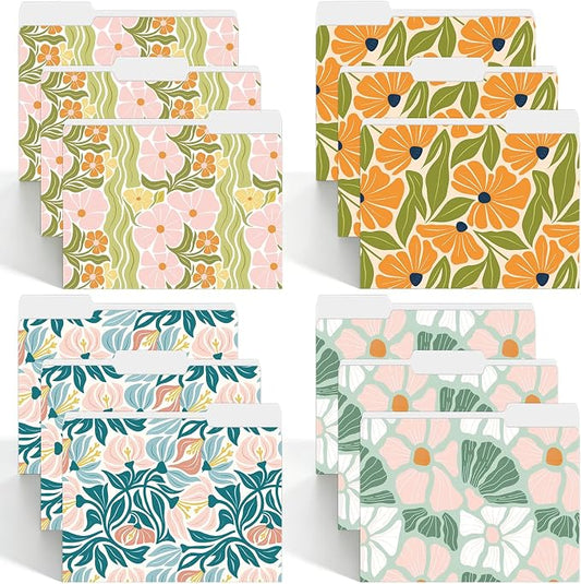 Whaline 24 Pack Boho Floral File Folders Letter Size Abstract Modern Flower File Pockets with 1/3 Cut Tab for Home Office Classroom Supplies, 8.9 x 11.6 Inch