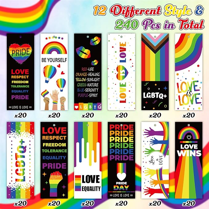 Haooryx Pride Day Rainbow Bookmarks - 246cs LGBTQ Pride Theme Bookmarks Love Equality Love is Love Rainbow Flag Heart Book Mark for Pride Day Gay Party Favors Supplies Decor Awareness Seminar Supplies
