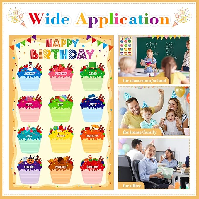 D24TIME Birthday Poster Chart for Classroom-Cupcake Birthday Calendar for Classroom Decorations Waterproof Laminated Happy Birthday Poster for Bulletin Board Decorations Back To School Supplies