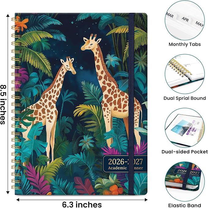 Planner 2026–2027, Academic Planner Weekly and Monthly Calendar Jul 2026 – Jun 2027 Hardcover Planner with Tabs and Pocket, Spiral Bound Agenda Book for Student & Teacher, 6.3" x 8.5", Jungle Giraffes