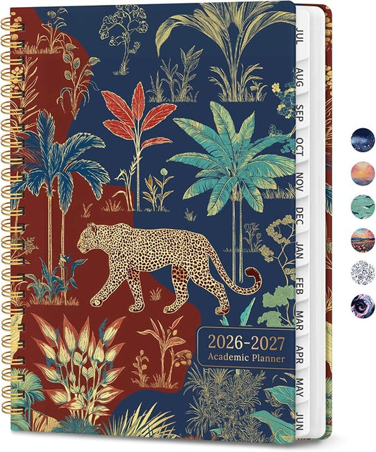 Planner 2026-2027, Monthly and Weekly Calendar Academic Planner July 2026 - June 2027, Hardcover Student Teacher Planning Agenda Book with Tabs, Perfect for Office School Supplies, A5 (6.3" x 8.5") - Jungle Elegance