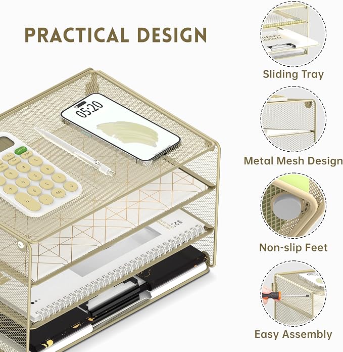 DALTACK 3 Tier Letter Tray Paper Organizer for Desk, Mesh Metal Desk File Organizer with Sliding Trays for Letter/A4 Paper, Mail, Bills & Folders, Yellow