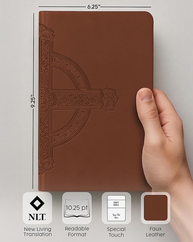 Personalized NLT Bible with Engraved Name, Brown Celtic Cross Large Print Premium Value Thinline, Faux Leather, New Living Translation