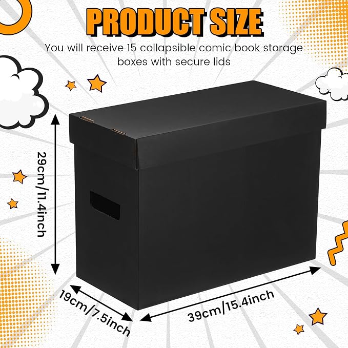 Fuyoooo 15 Pack Comic Book Storage Boxes, Holds 150-175 Comics, 15.4 x 7.5 x 11.4 Inch Stackable Comic Short Bin Organizer Cardboard Box for Collapsible Magazine Book Collecting Supplies(Black)