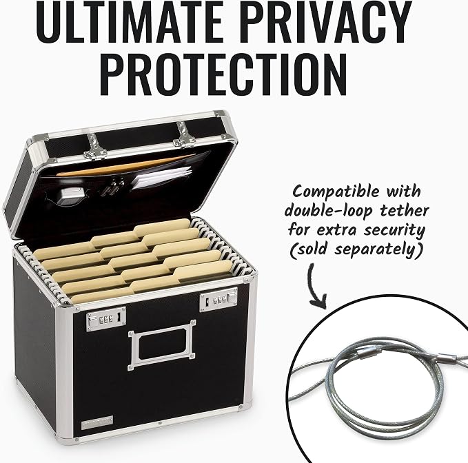 Vaultz Locking File Organizer Box - 13.5 x 13.25 x 10.5 Inch Large, Portable Locking Storage Box for Filing Letters & Documents w/Combination Lock, Black
