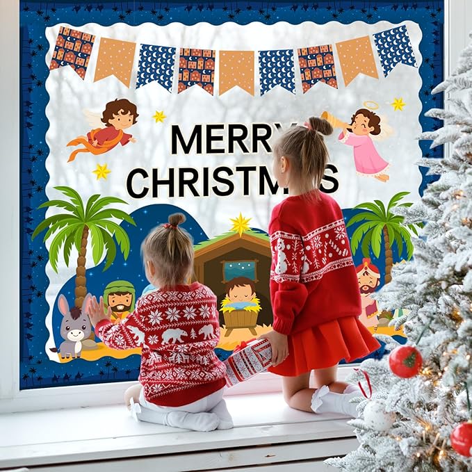 FYSUIMU 80Pcs Christmas Nativity Bulletin Board Decorations Christian Jesus Birth Scene Paper Cutouts Merry Christmas Classroom Decor with 150Pcs Glue Points for Xmas Party Sunday School Church