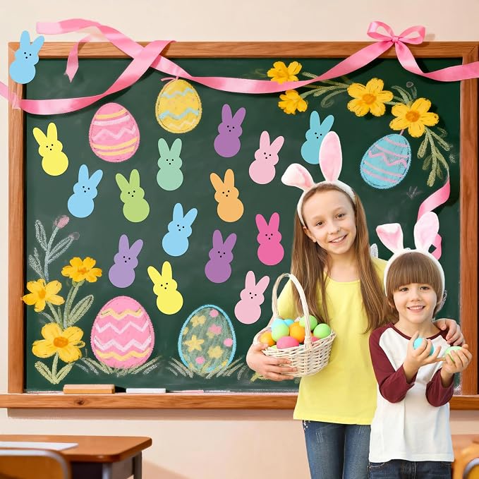 Yopyame Easter Bulletin Board Cutouts - 78pcs Easter Bunny Peeps Rabbit Cutouts Paper Cutting Bulletin Board Decor 12 Color Bunny Name Tags Cutout Classroom Wall Decor for Kindergarten Preschool Decor