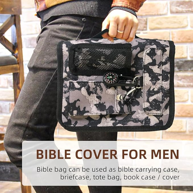 Bible Cover Case for Men Women Grey Camo Medium Book Bible Cover with Durable Handle Quilted Carrying Case Prayer Church Scripture Tote Bible Case Scout Book Cover with Compass Carabiner Camouflage