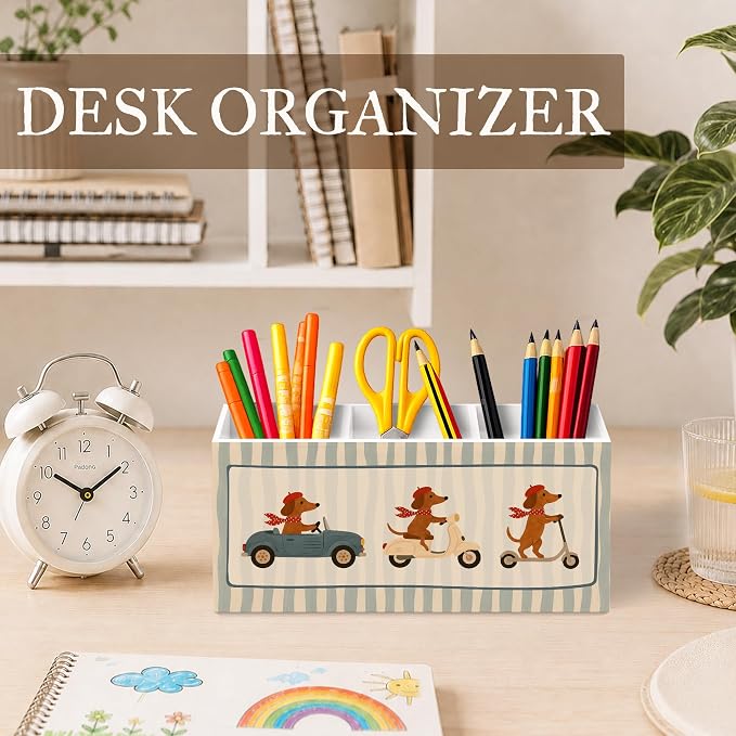 Funny Dachshund Pen Pencil Holder for Desk, Dachshund Doxie Gifts for Women, Weiner Dog Gifts, Funny Weiner Dog Car Wooden Pencil Holder Organizer Desk Accessories Decor for Home Office