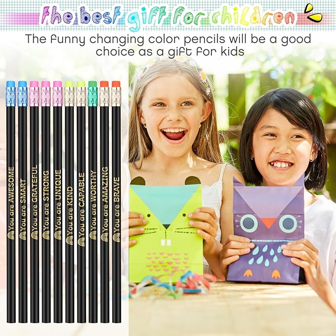 Eersida 40pcs Color Changing Mood Pencils Fun Pencils Bulk for Kids Students Motivational Pencil 2B Assorted Thermochromic Pencil with Eraser (Encouraging)
