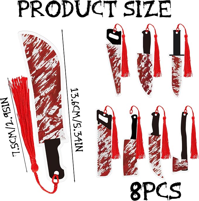 Halloween Horror Bookmarks Gifts - 8 Pcs Blood Knife Bookmark for Crime Books Lovers Spooky Novelty Book Markers with Red Tassels Gothic Reading Accessories Birthday Holiday Gift