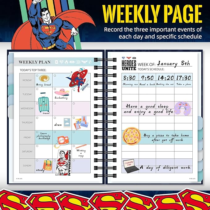 Superman Planner 2026, Superhero Weekly/Monthly Planner with Tabs, Hardcover Calendar Planner Monthly Agenda Spiral Notebook for Teacher Student Organizer Supplies (Plan D)