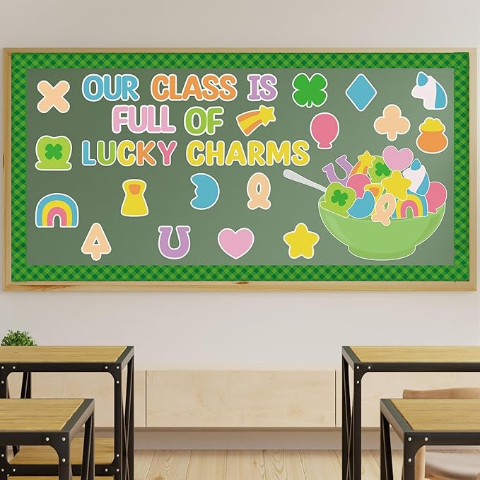 127Pcs St. Patrick's Day Bulletin Board Classroom Decoration Lucky Charms Cutouts Shamrock Clover Name Tags Green Plaid Border Trim School Classroom Party Supplies Chalkboard Wall Door Decor