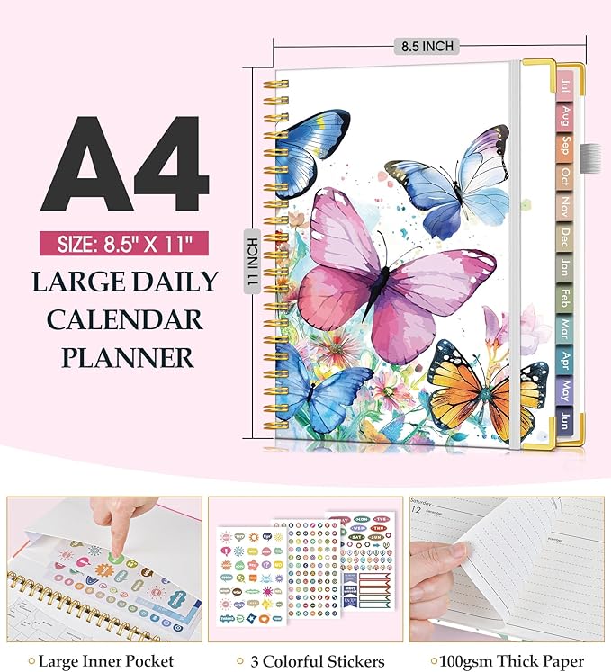 Academic Planner 2026-2027, Hardcover Leather Weekly and Monthly Calendar Planner from July 2026 - June 2027, A4 8.5" x 11" Daily Agenda with Tabs, College School Organizer for Student Teacher, Butterflies in the Blooms