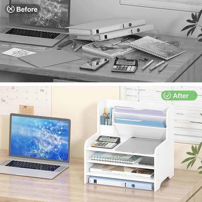 Desk File Organizer - 6-Tier Desktop Mail Letter Tray Paper Document Organizer with Pen Holder for Home Office Supplies, Office Desk Accessories & Workspace (White)