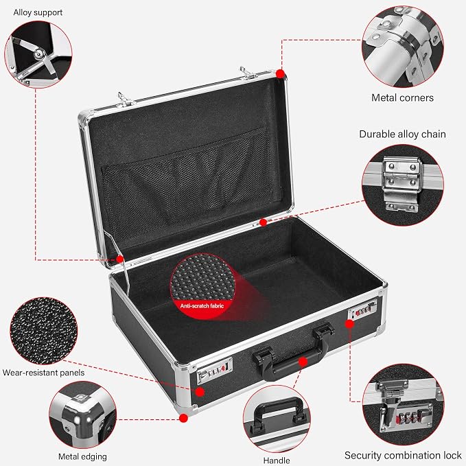 LOCKCURX File Organizer Storage Box - 18.9 x 14.6 x 6.3 Inch X-Large, Portable Locking Storage Totes with Dual Combination Locks for Cash, Documents & Valuables - Black