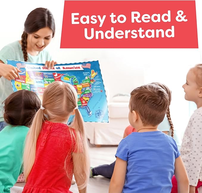 Momo & Nashi United States Map For Kids & World Maps For Kids 2pc Set - 24” x 16” Waterproof Classroom Posters - Childs World Map - Teacher Classroom Must Haves - Homeschool Teacher School Supplies