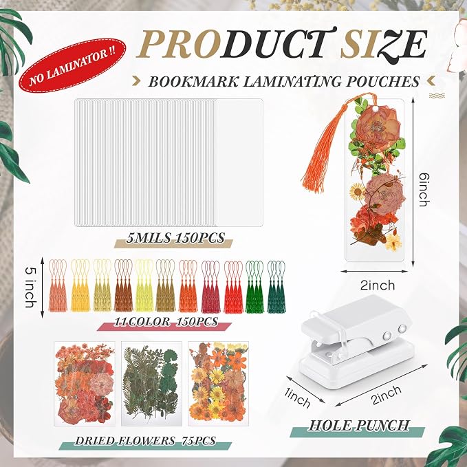 Fuyoooo 376 Pcs Dried Flower Bookmark Making Kit, DIY Bookmark Laminating Pouches with Tassels and Puncher, Handmade Craft Kit for Women, DIY Gifts for Book Lovers (Orange Yellow,2 x 6 Inch)