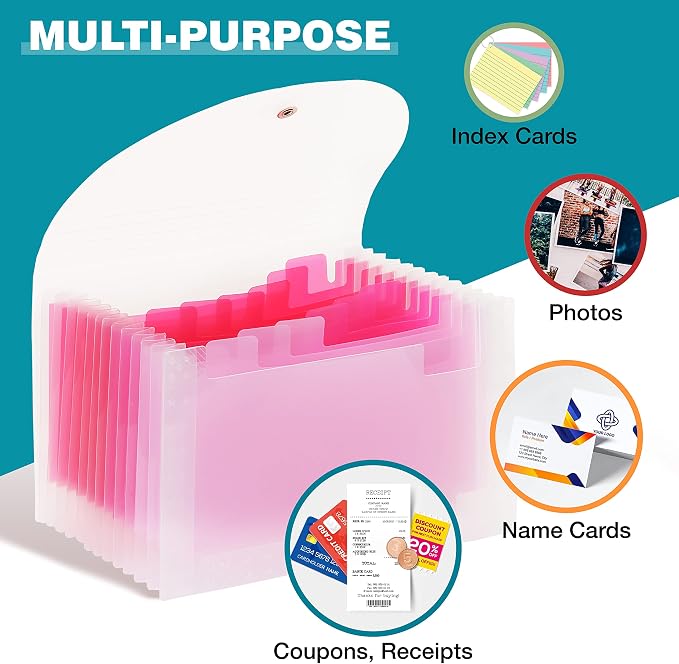 H4D Coupon Receipt Holder, 13 Pocket Accordion File Organizer, 7x4.5 Inches, Pink