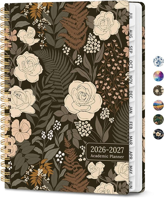 Planner 2026–2027, Academic Planner Weekly and Monthly Calendar Jul 2026 – Jun 2027 Hardcover Planner with Tabs and Pocket, Spiral Bound Agenda Book for Student & Teacher, 6.3" x 8.5", Wild Rose