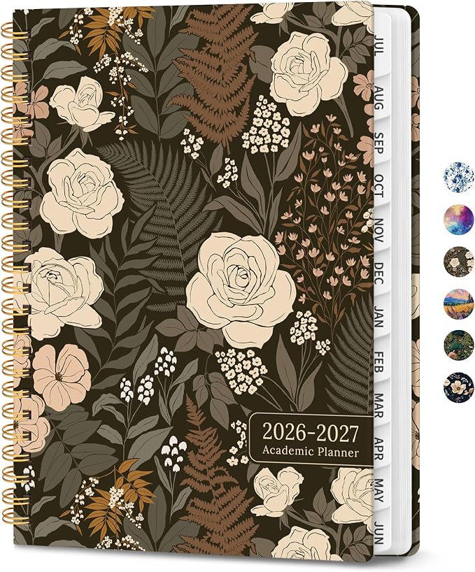 Planner 2026–2027, Academic Planner Weekly and Monthly Calendar Jul 2026 – Jun 2027 Hardcover Planner with Tabs and Pocket, Spiral Bound Agenda Book for Student & Teacher, 8.5" x 11", Wild Rose