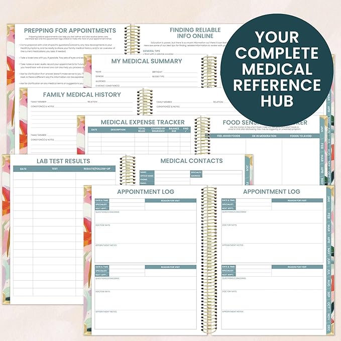 bloom daily planners Undated Chronic Illness Planner & Medical Journal - 12 Month Pain & Symptom Tracker, Mood & Medication Log, Appointment Organizer (7” x 9”) - Brushstroke Blooms