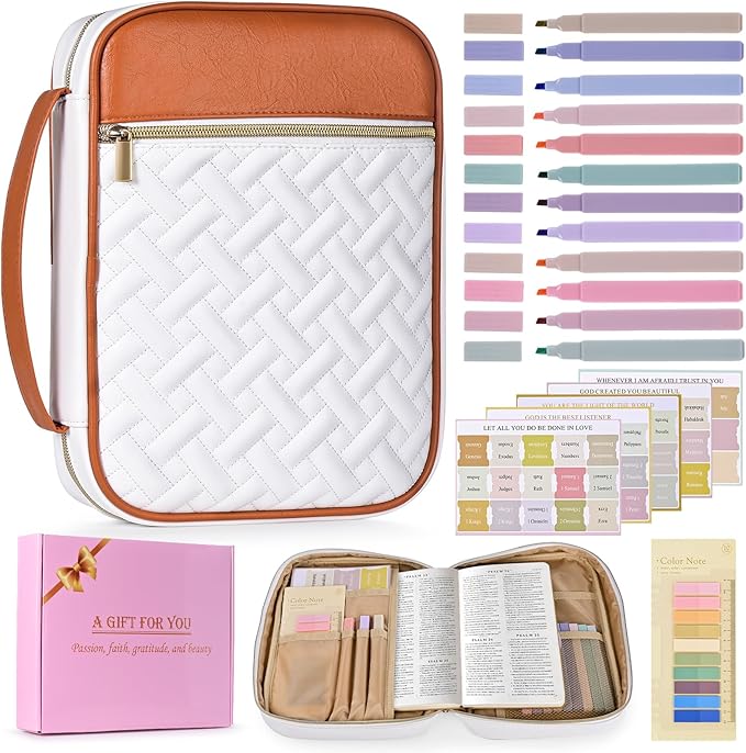 Bible Cover Case for Women - Quilted Large PU Leather Bible Carrying Case, Bible Bag Study Supplies Bible Carrier, Christian Gift for Women and Girl, Grandma Daughter(Brownish White)