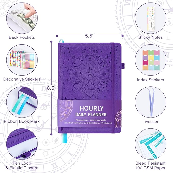 Undated 12 Month Planner Hardcover (5.5x8.5") - Weekly & Monthly Academic Life Organizer, Productivity Journal, Thick Paper, Sticker, Bookmark, Pen Loop(Purple)